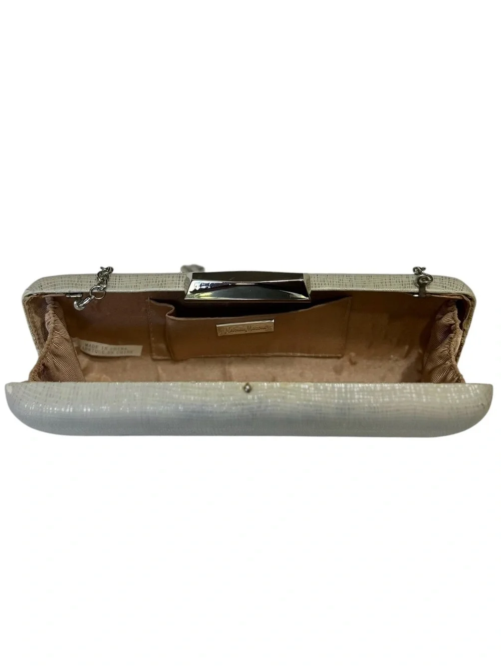 Neiman Marcus Evening Clutch White Silver Rectangle Hard Shell Wedding Purse